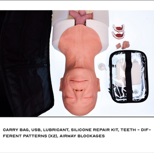 Kit components for Decent Simulator V2 Airway Manikin: Carry Bag, Lubricant, Silicone repair kit, Teeth, Airway Blockages