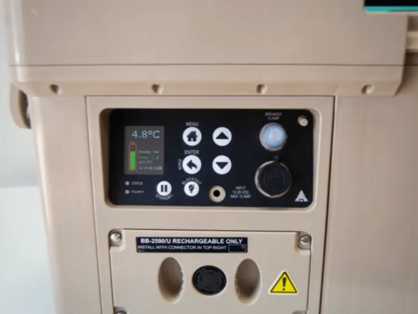 Delta APRU control panel predicting battery life and blood temperature.