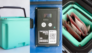 Triple picture of a Delta Ice 2L Insert, Wireless Electronics and Cell transmitter, and 4 units of blood packed in a 2L cooler. PN: A-001356BL