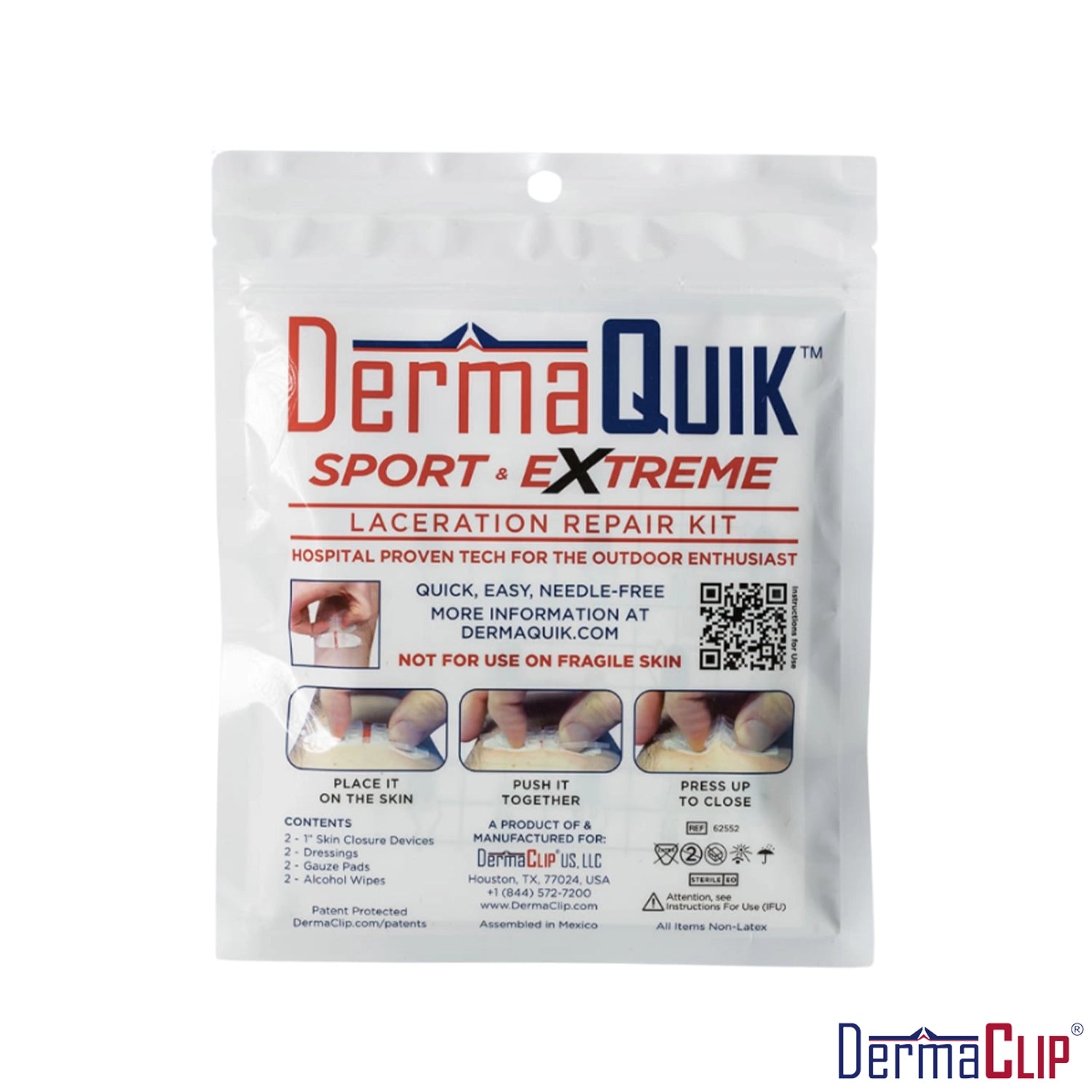 DermaQuik Sport & Extreme Laceration Repair Kit featuring stronger adhesive material for performance in harsh environments. PN: 62552