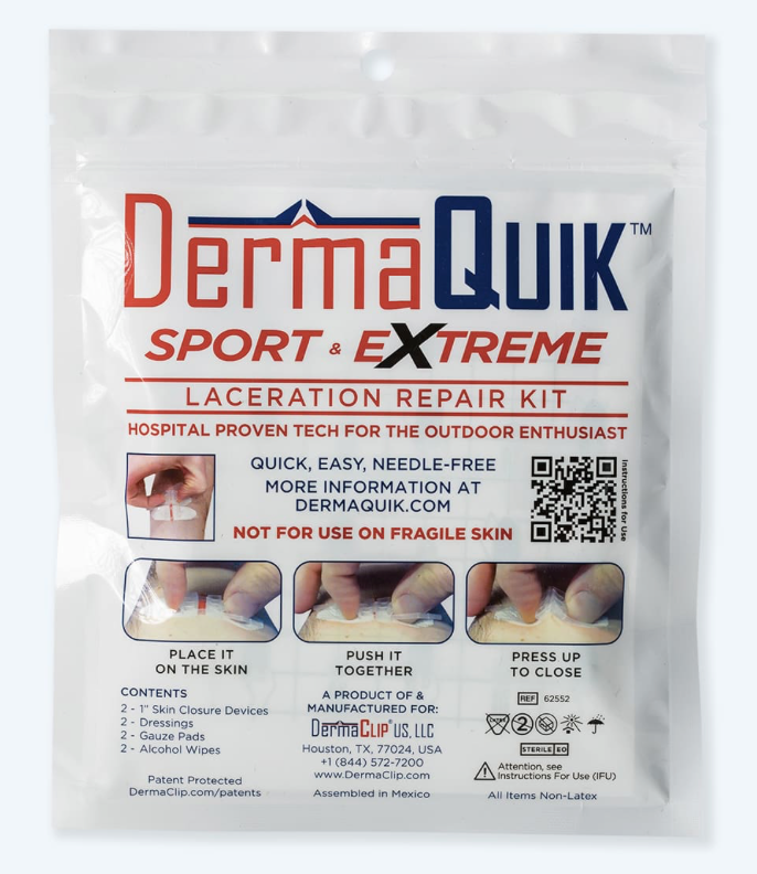 DermaQuik Sport &amp; Extreme Laceration Repair Kit featuring stronger adhesive material for performance in harsh environments. PN: 62552