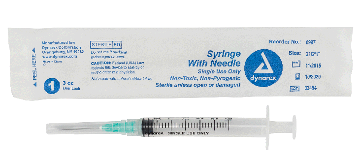 he Dynarex Syringe with Needle features a high-quality, thin-walled needle designed with a double-beveled tip for smooth insertion and added comfort during injections. The Syringe’s transparent polypropylene barrel with bold-font numbering allows for easy measurement and accurate medication dosing. 

Quantity per box: 100
Boxes per Case: 8
Surgical-grade stainless steel needles are double-beveled for improved patient comfort
Syringes feature smooth-gliding plungers with integrated stops to help prevent acci