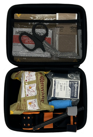 ME-FAK car IFAK open: SAM XT tourniquet, FORWARD 4 in compression dressing, Z-fold gauze, gloves, shears, HALO chest seals, emergency blanket and tape - Pacific Biomedical