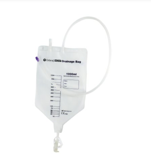 picture of a GBUK Enteral 1000mL Bag with long tube and feeding port connection.