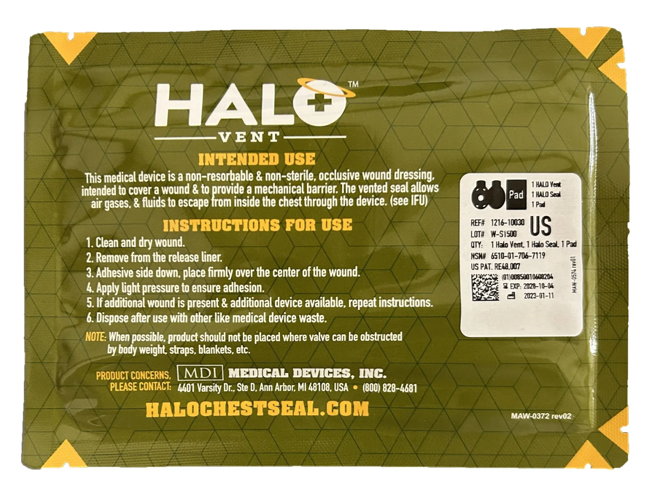 Pack Contains: (1) HALO Vent, (1) HALO Seal, and (1) Gauze Pad. Treats for both entrance & exit wounds, with 4 vent positions draining regardless of orientation