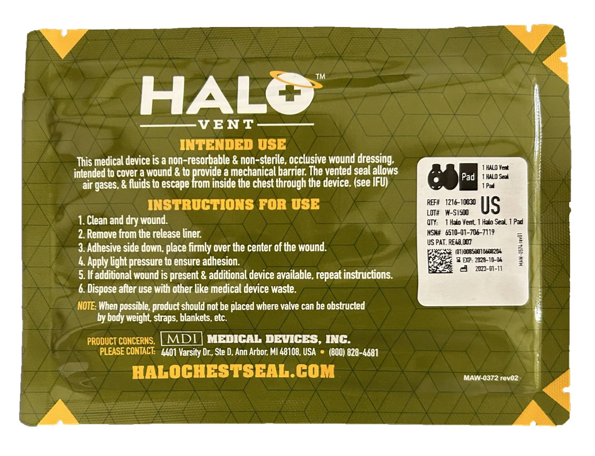 Pack Contains: (1) HALO Vent, (1) HALO Seal, and (1) Gauze Pad. Treats for both entrance &amp; exit wounds, with 4 vent positions draining regardless of orientation