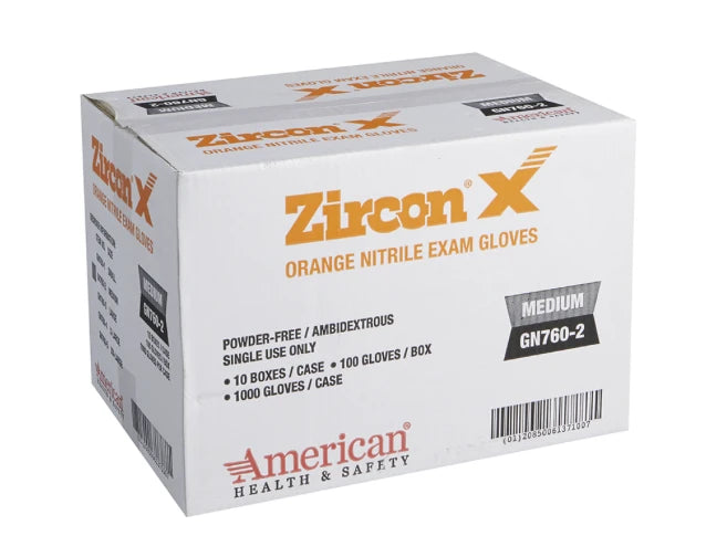 Case of Zircon X orange nitrile exam gloves from American Health &amp; Safety on a white background