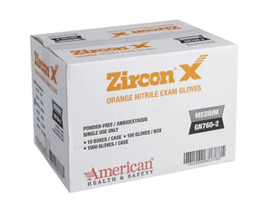 Case of Zircon X orange nitrile exam gloves from American Health & Safety on a white background