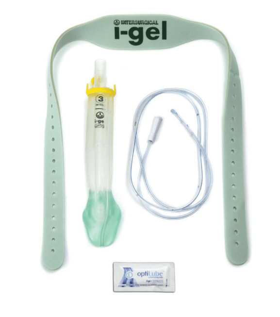 Igel Resus Pack Contents includes: an I-gel SGA, Securement Strap, NG/OG tube for suction through the suction port, and water soluble lubricant. PN: 8703030, 8704030, 8705030.