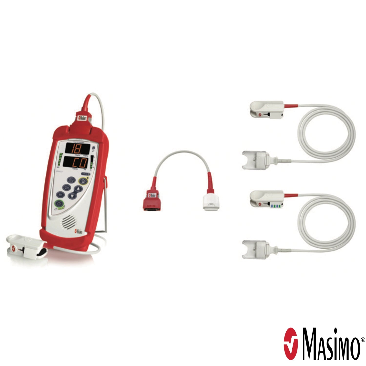 Rad-57 3735 Kit with SpCO Option comes with two patient sensors including the Adult Rainbow Sensor(2696), Pediatric Rainbow Sensor (2697), RC-01 Cable and Red EMS Carry Case.