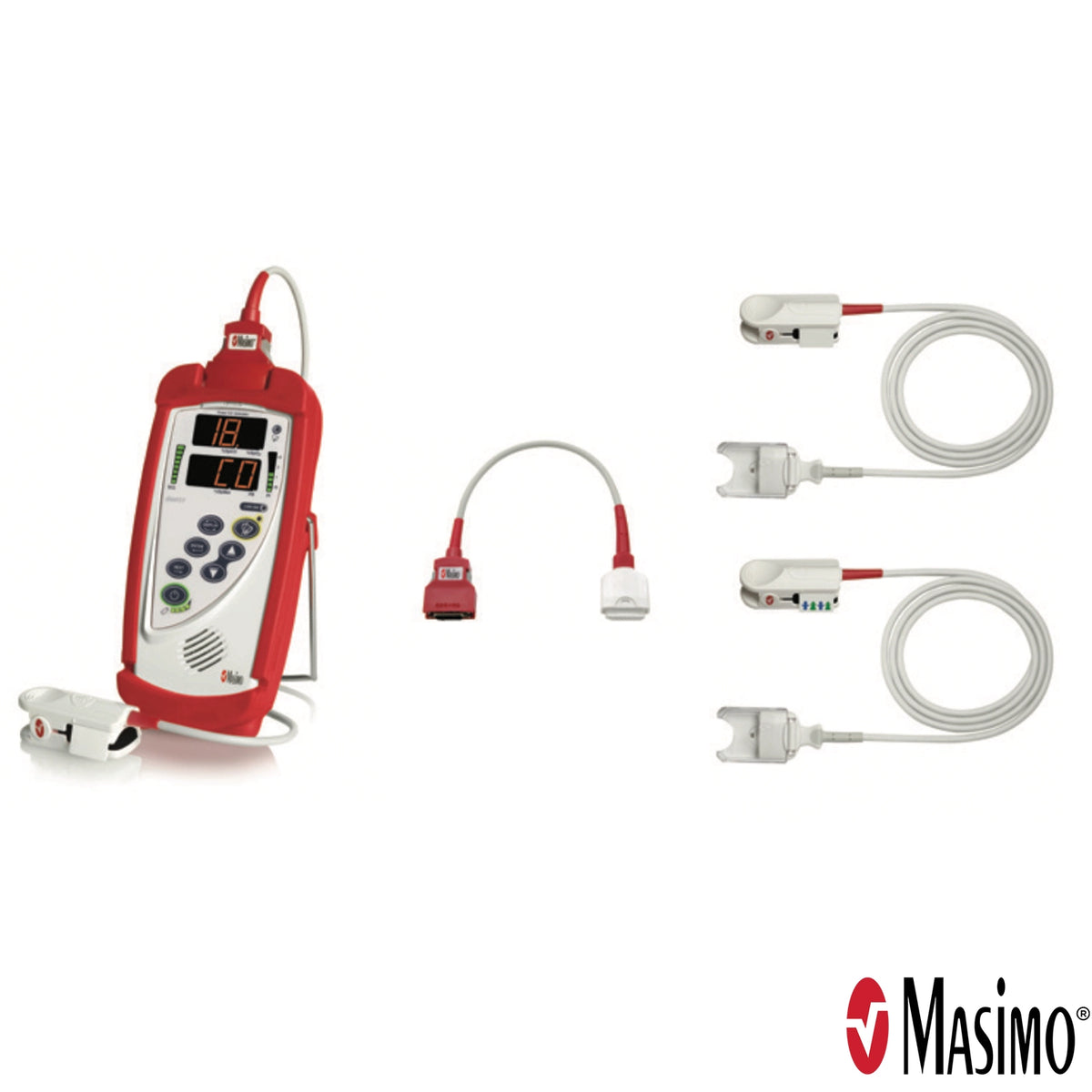 This EMS Kit comes with a Rainbow RC-1 Cable, Adult Rainbow DCI Sensor, Pediatric Rainbow® DCIP Sensor, Red EMS Carrying Case and can monitor normal pulse oximitery but also SpCO and SpMet.