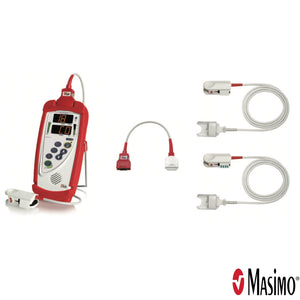 This EMS Kit comes with a Rainbow RC-1 Cable, Adult Rainbow DCI Sensor, Pediatric Rainbow® DCIP Sensor, Red EMS Carrying Case and can monitor normal pulse oximitery but also SpCO and SpMet.