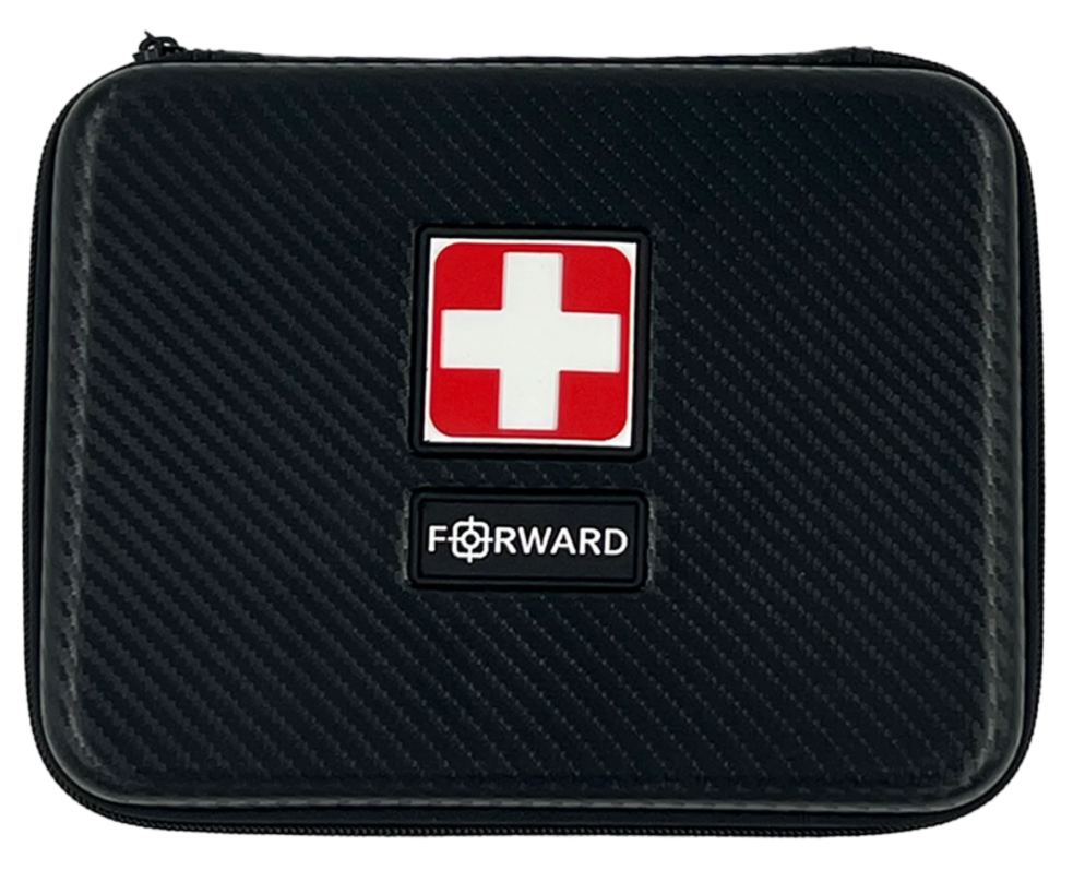Integrated MedCraft ME-FAK personal IFAK trauma kit, black FORWARD molded case, 8.75 x 6.5 x 2.5 in, sized for a car glove box, console or trunk - Pacific Biomedical