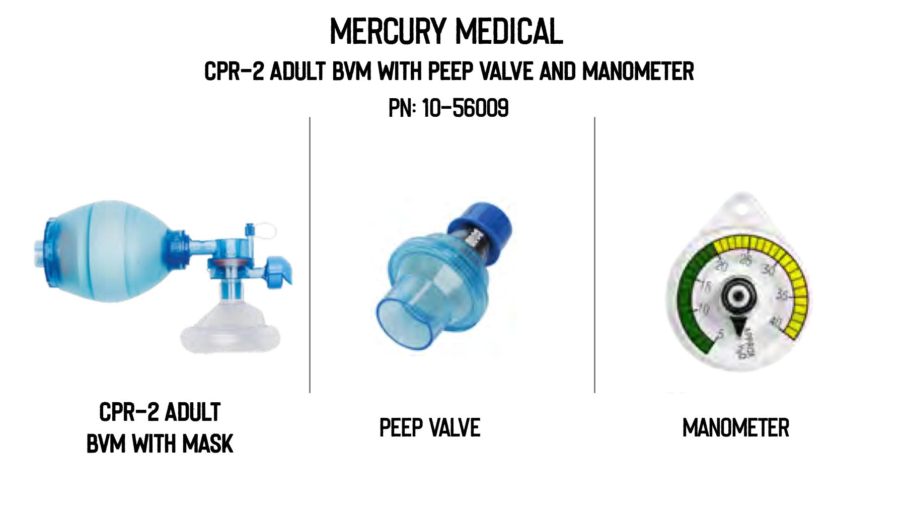 Mercury Medical CPR 2 Resuscitator with Adult Reservoir and mask, PEEP Valve & Manometer,