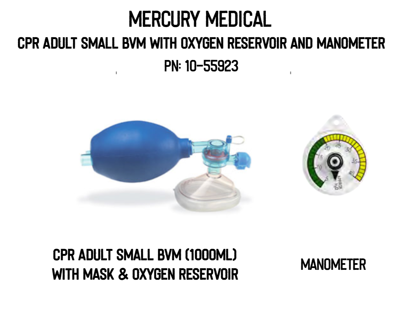 Made with synthetic rubber with a 1000mL chamber, oxygen reservoir bag, manometer & adult cushion mask. Great for any emergent environment.