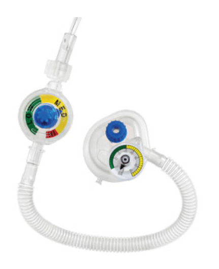 Neo-Tee® Infant T-Piece Resuscitator Circuit with In-Line Controller, Clear Anatomical Infant Face Mask, 0-40 cm H2O Low Range Manometer, cap & strap (dust cap), packaged in drawstring bag.