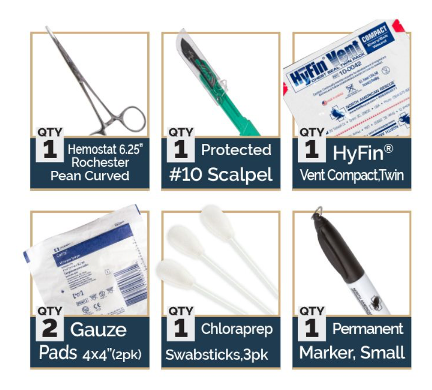 Everything included to perform a bilateral simple thoracotomy (finger thoracostomy). 83-0027