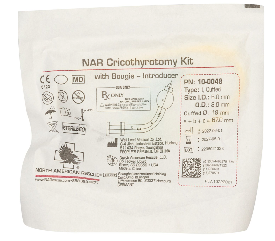 NAR Cricothyrotomy kit with tracheal tube and bougie in a compact package. Great for scalpel finger bougie technique.