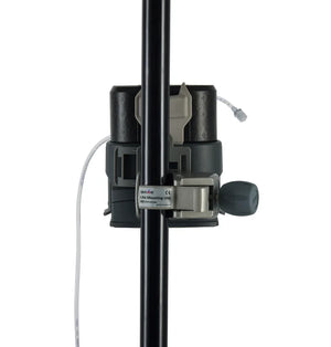 QinFlow mounting unit attached to IV pole with Warrior Lite blood warmer installed