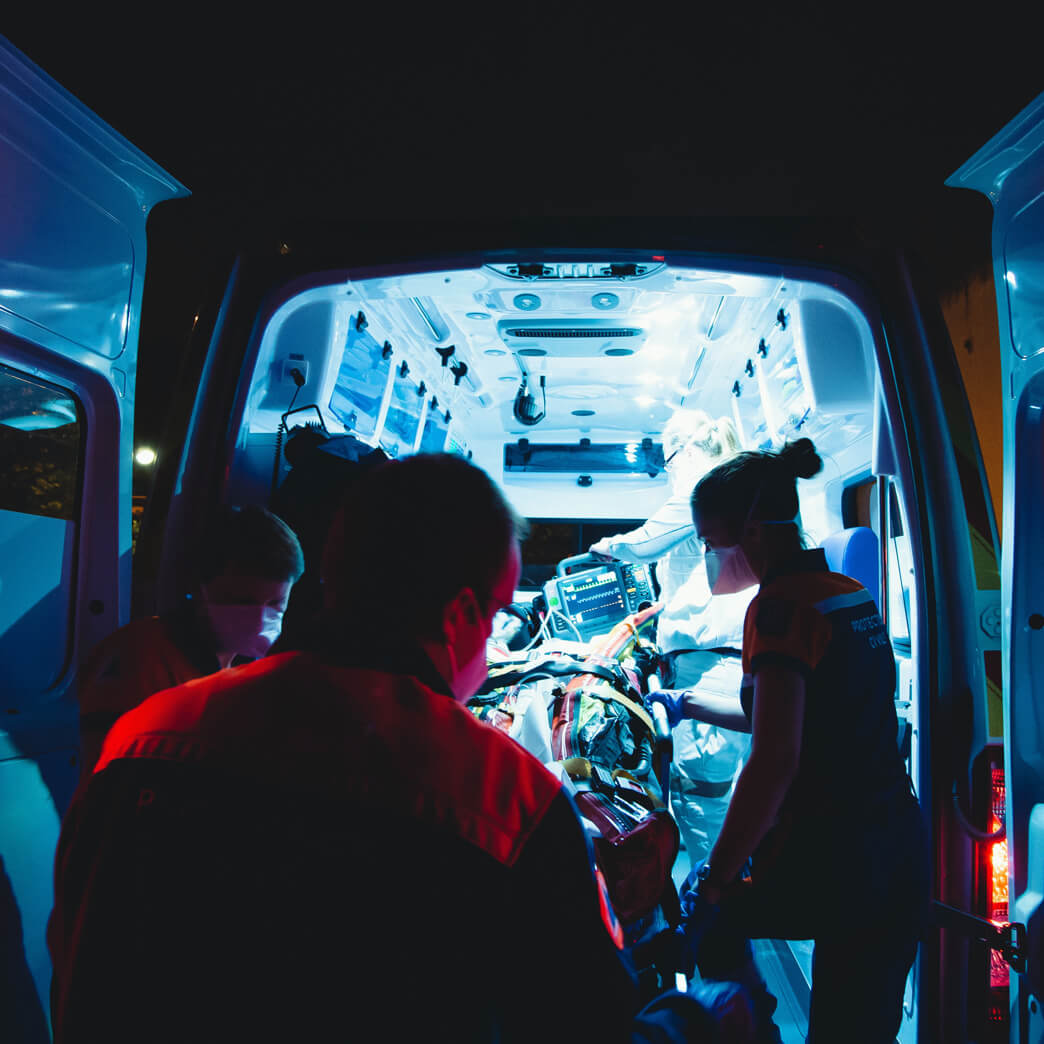 Sprinter ambulance with customers from Pacific Biomedical, a medical device distributor specializing in ems, fire/rescue,  tactical, acute care, and nicu equipment and products.