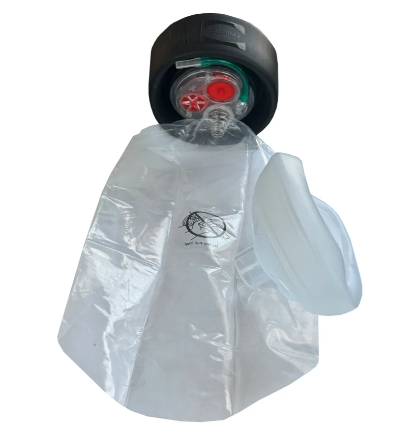 Resuscitator with a bvm mask with a clear plastic bag over it on a white background
