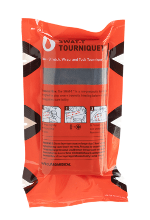 Orange Swat-T Tourniquet in protective pouch from safeguard medical. PN: PN: 5060483571515, 5060483571508. Great for pediatrics.