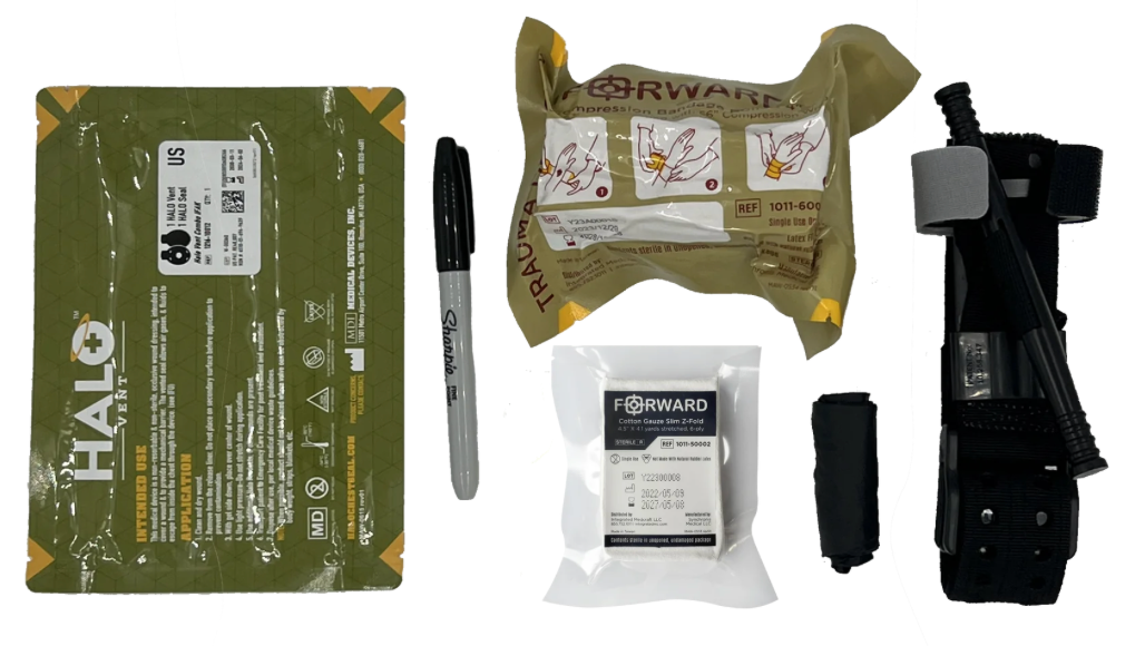 The Tak Fan comes with a halo chest Sean, permeant marker, emergency bandage, z-fold gauze, gloves and tourniquet.