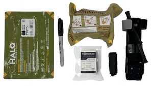 The Tak Fan comes with a halo chest Sean, permeant marker, emergency bandage, z-fold gauze, gloves and tourniquet.