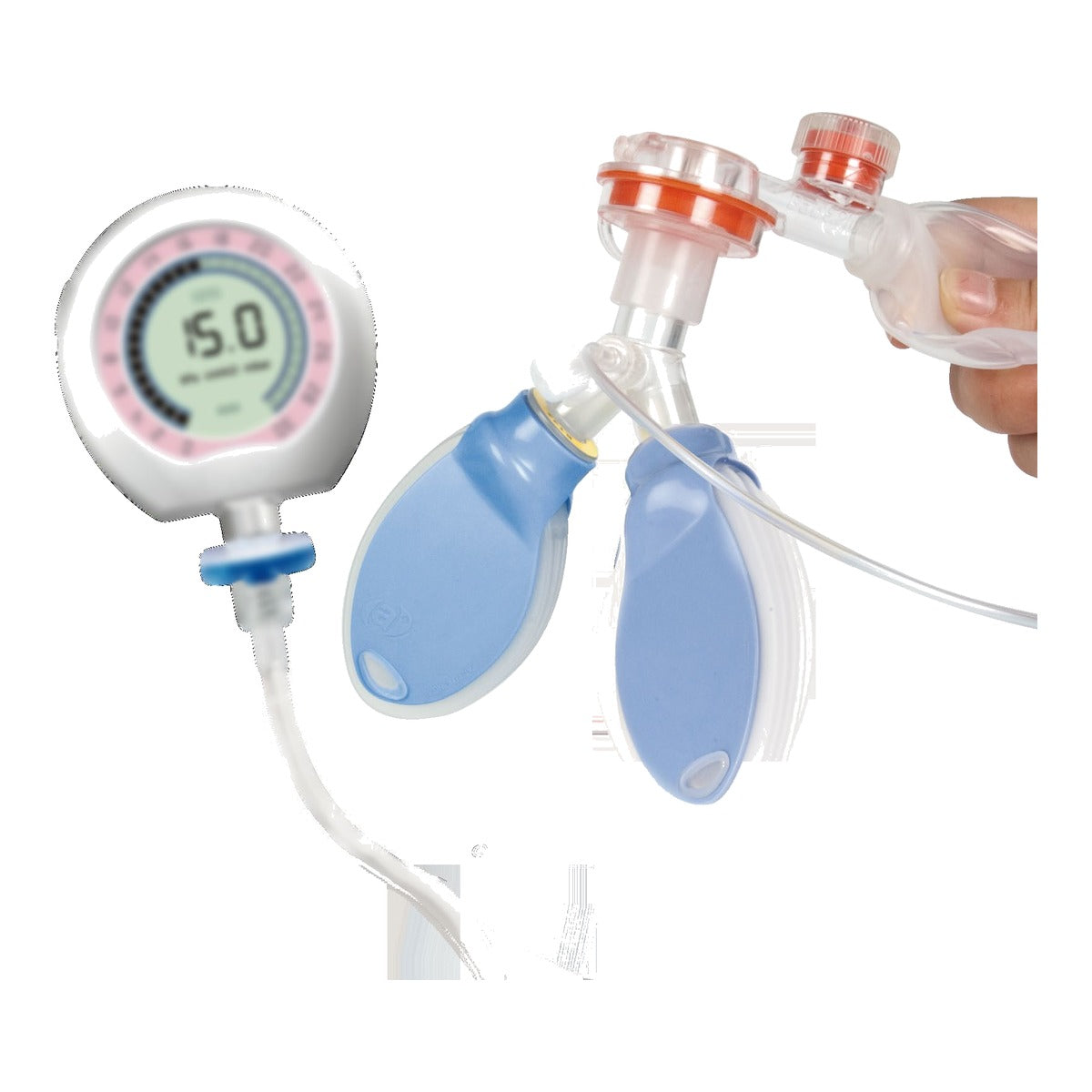 Babi.Plus nTest Lung connected to a manual resuscitator and pressure gauge during a check