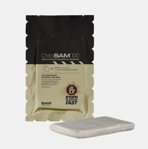 ChitoSAM™ 100 Z-Fold Hemostatic Dressing 3×4ft in tear-anywhere pouch. PN: CT100-B-EN