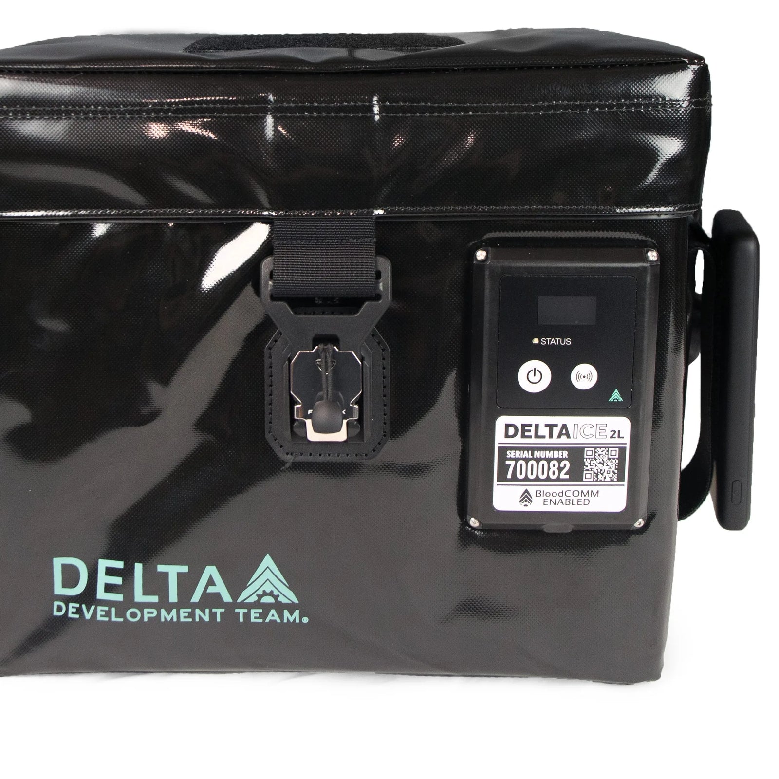 Delta ICE 2L Smart Blood Cooler in black, enhanced case with metal clasp closure