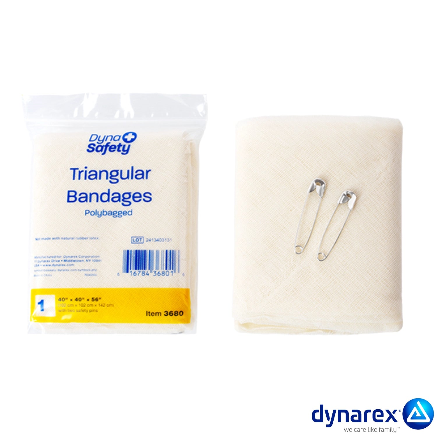 packaged and unpackaged large cotton triangle bandage for multiple uses including bandaging and splinting.