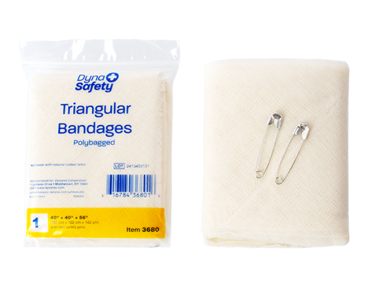 packaged and unpackaged large cotton triangle bandage for multiple uses including bandaging and splinting.