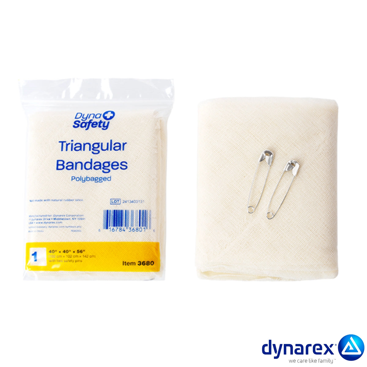packaged and unpackaged large cotton triangle bandage for multiple uses including bandaging and splinting.