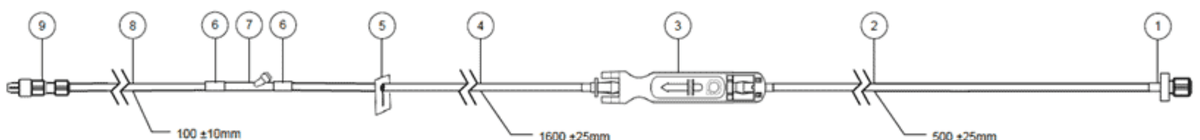 Sapphire AP416-01 Half-Set- Microbore Infusion Set with Female Luer Lock, Administration Cassette, Slide Clamp, Needless Y-Site. Used to connect the sending hospitals IV Tubing and convert onto a Sapphire IV Pump. PN: 12003-000-0012.