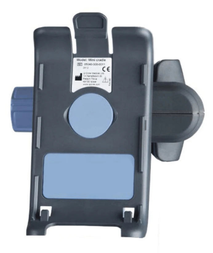 Eitan Sapphire mini cradle mounting adapter for IV pole, stretcher, and bed rail, part 15042-000-0010, shown securing a Sapphire infusion pump in an EMS setting.