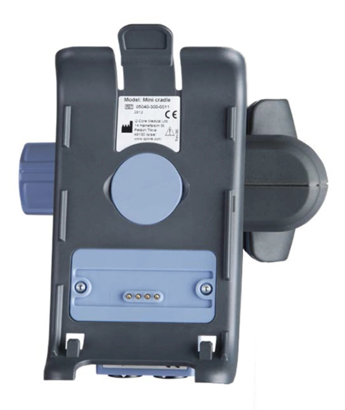 Sapphire mini cradle with splitter (17000-026-0007) securely mounting and charging an Eitan Sapphire infusion pump, enabling simultaneous charging and data connection.