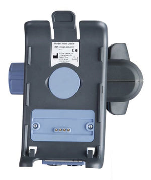 Sapphire mini cradle with splitter (17000-026-0007) securely mounting and charging an Eitan Sapphire infusion pump, enabling simultaneous charging and data connection.