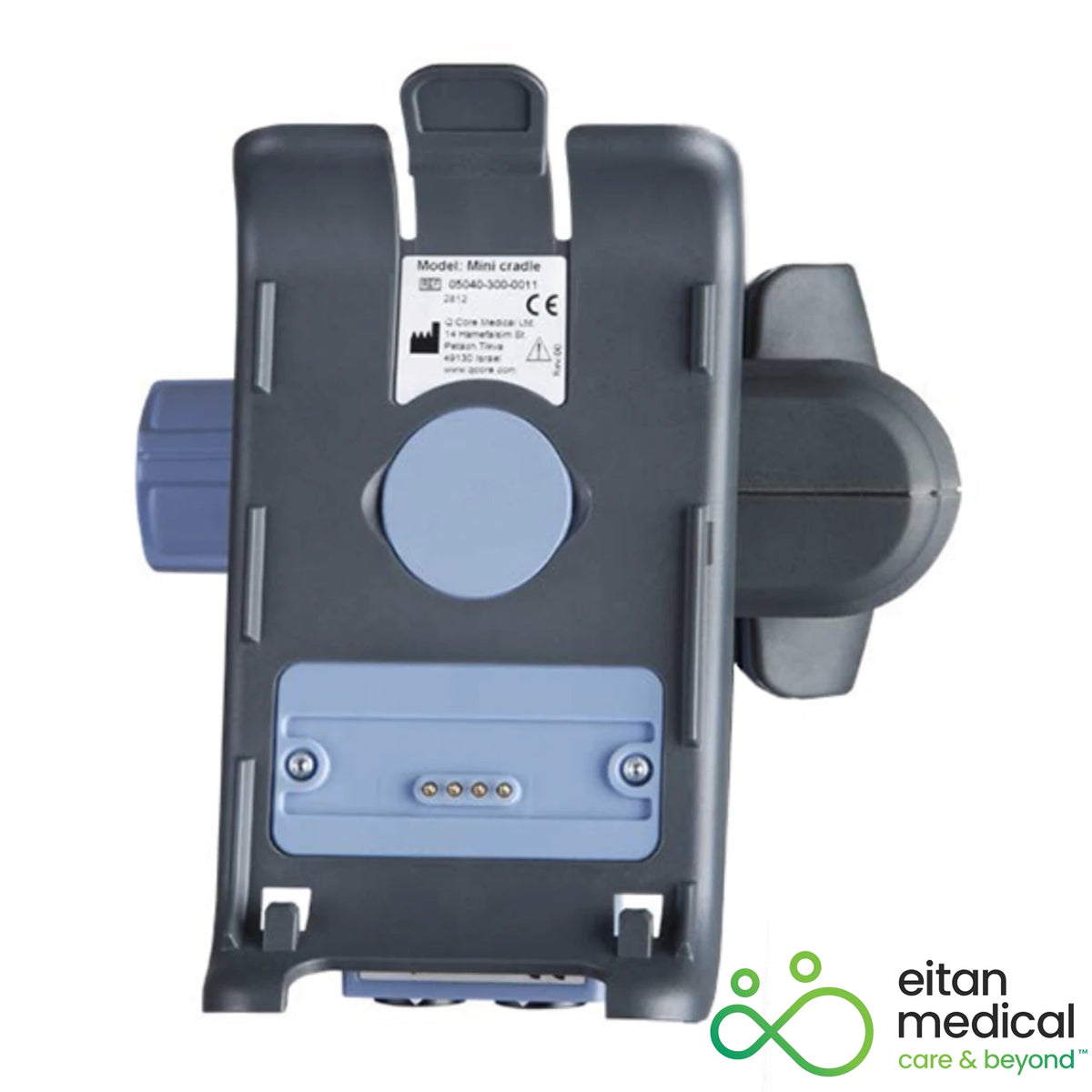 Sapphire mini cradle with splitter (17000-026-0007) securely mounting and charging an Eitan Sapphire infusion pump, enabling simultaneous charging and data connection.