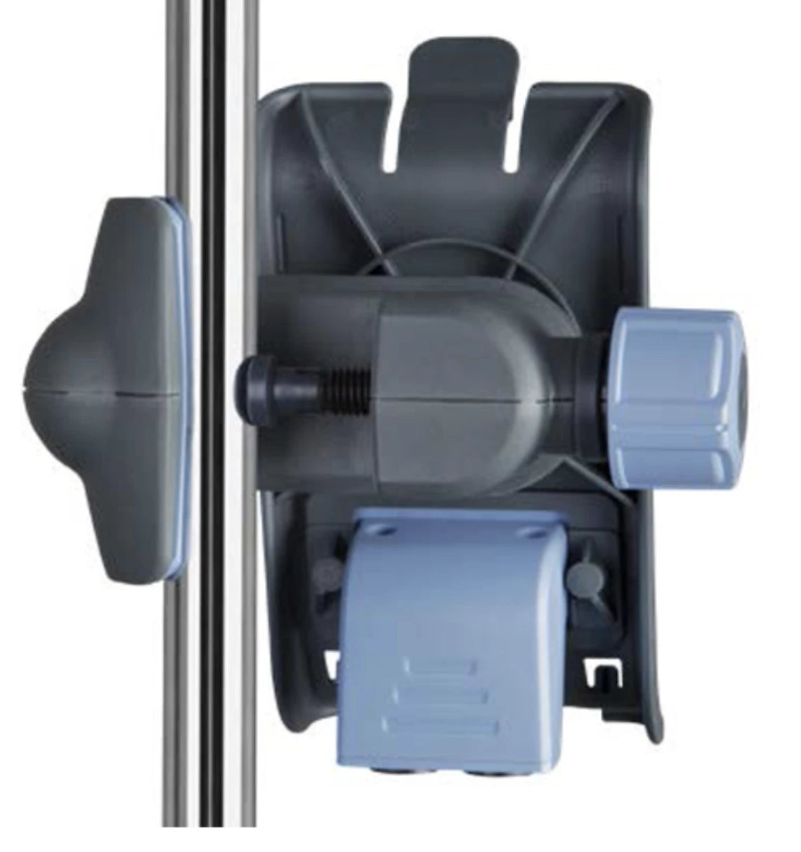 Rear view of Sapphire mini cradle with splitter (17000-026-0007) showing  dual connection ports for power and data on Eitan Sapphire infusion pump accessory for use with Sapphire FAST TEST and DLE.
