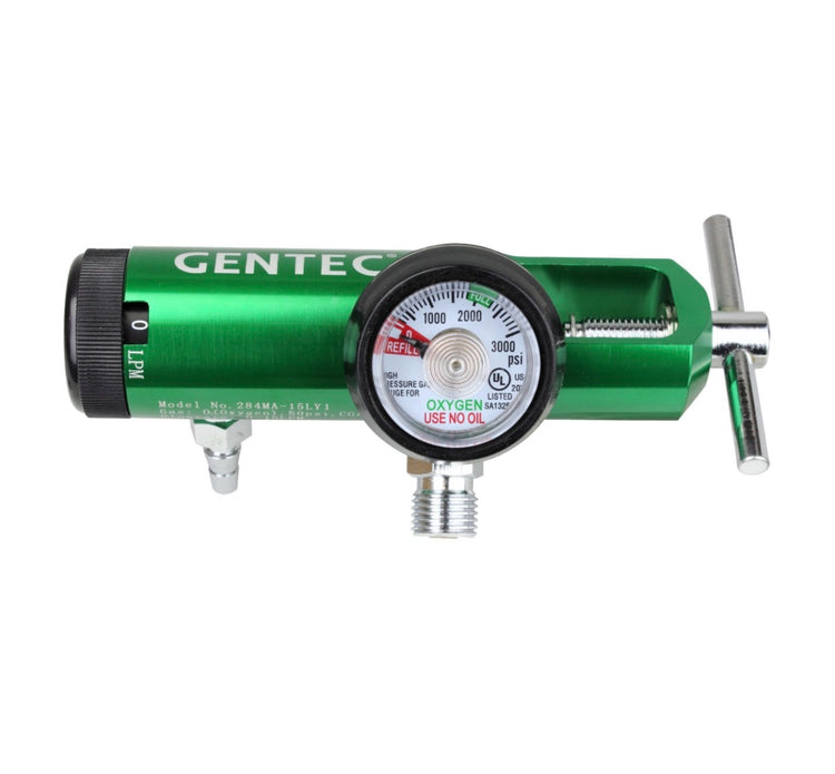 Gentec 284MA-15LY1 click-style oxygen regulator, green aluminum body, 0-3000 psi contents gauge, hose barb outlet, DISS outlet and CGA 870 yoke with T-handle - Pacific Biomedical