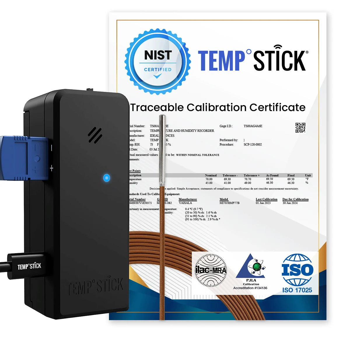Pacific Biomedical Temp Stick PRO with NIST Certification, TEMPSTICK-PRO-NIST, black sensor and probe in front of a sample NIST traceable calibration certificate - Pacific Biomedical.