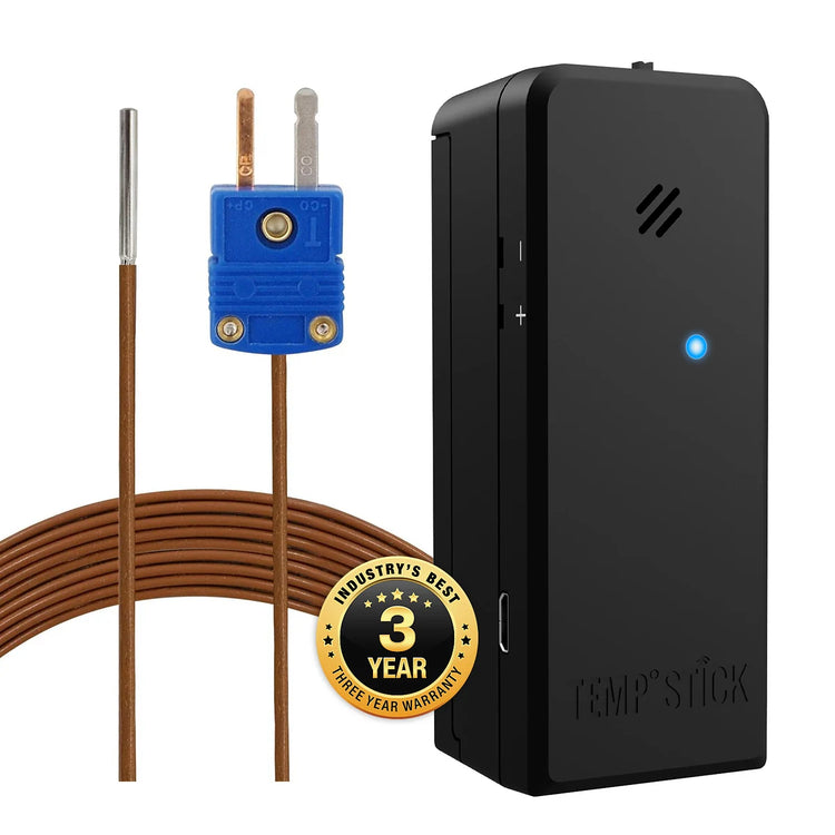 Pacific Biomedical Temp Stick PRO with NIST Certification, TEMPSTICK-PRO-NIST, black sensor beside a T-type thermocouple probe and coiled cable - Pacific Biomedical.