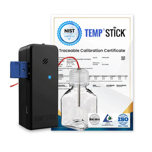 Pacific Biomedical Temp Stick PRO NIST sensor with buffer bottle, TEMPSTICK-PRO-RX-NIST, black sensor and glycol bottle in front of a sample NIST traceable calibration certificate - Pacific Biomedical.