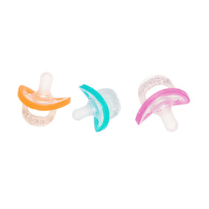 JollyPop pacifiers teal, orange and pink side view lineup