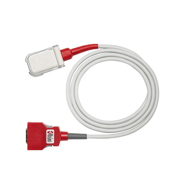 Masimo 2055 Red LNC-04 20-pin patient cable, 4 ft coiled cable with white LNCS sensor receptacle and red 20-pin plug