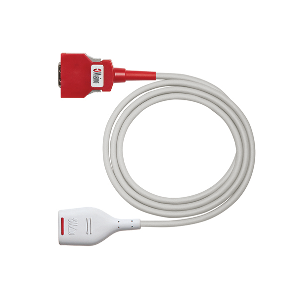Masimo 4073 RD rainbow SET MD20-12 patient cable, 12 ft, coiled with red 20-pin monitor connector and RD sensor connector