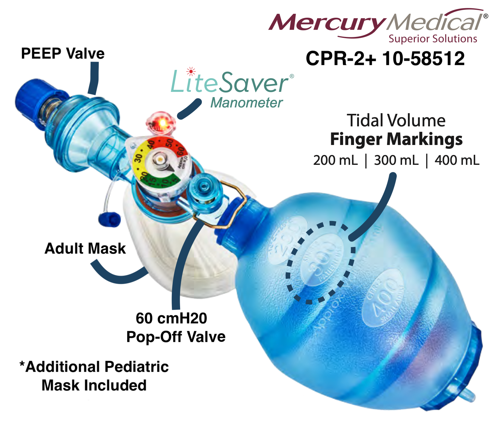 O2 Bvm Case CPR-2+ 1000mL BVM with Tidal Markings - 10-58512, 6/Case