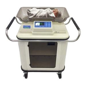 Olympic Smart Scale Model 65 with swaddled newborn in four-sided Easy Lift tray