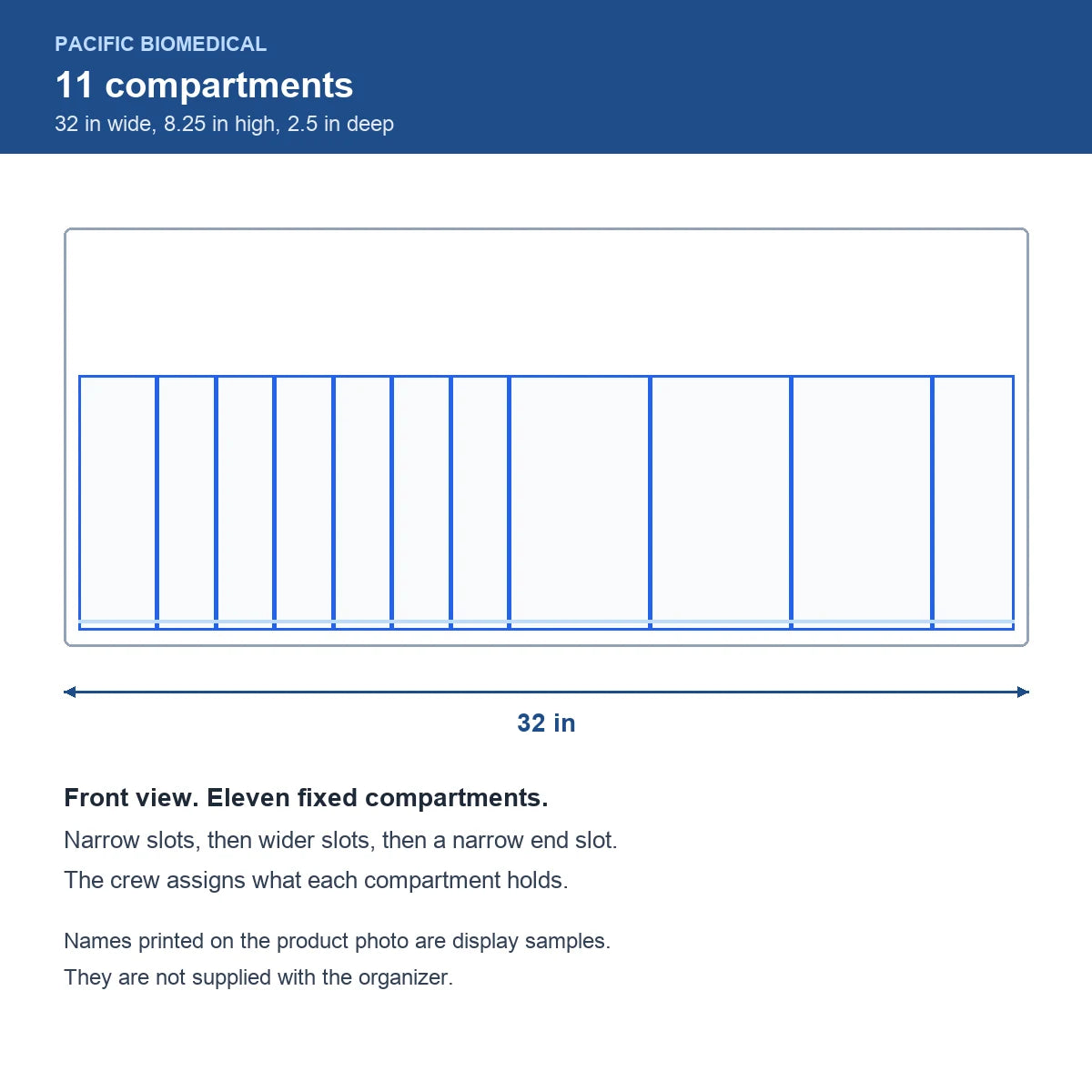 Pacific Biomedical acrylic ambulance cabinet organizer diagram, 11 compartments, 32 x 8.25 x 2.5 inches, front view - Pacific Biomedical